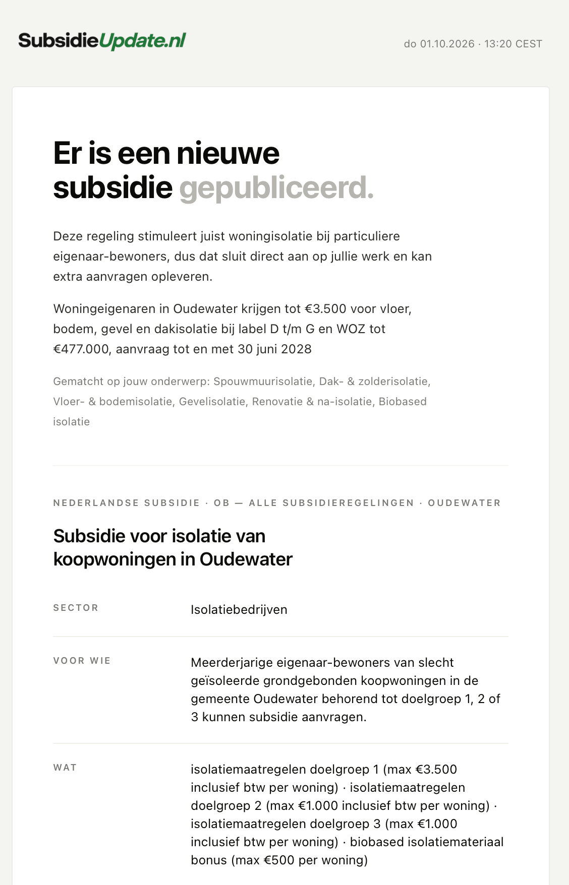 E-mailmelding van SubsidieUpdate: nieuwe subsidie voor isolatie van koopwoningen in Oudewater.